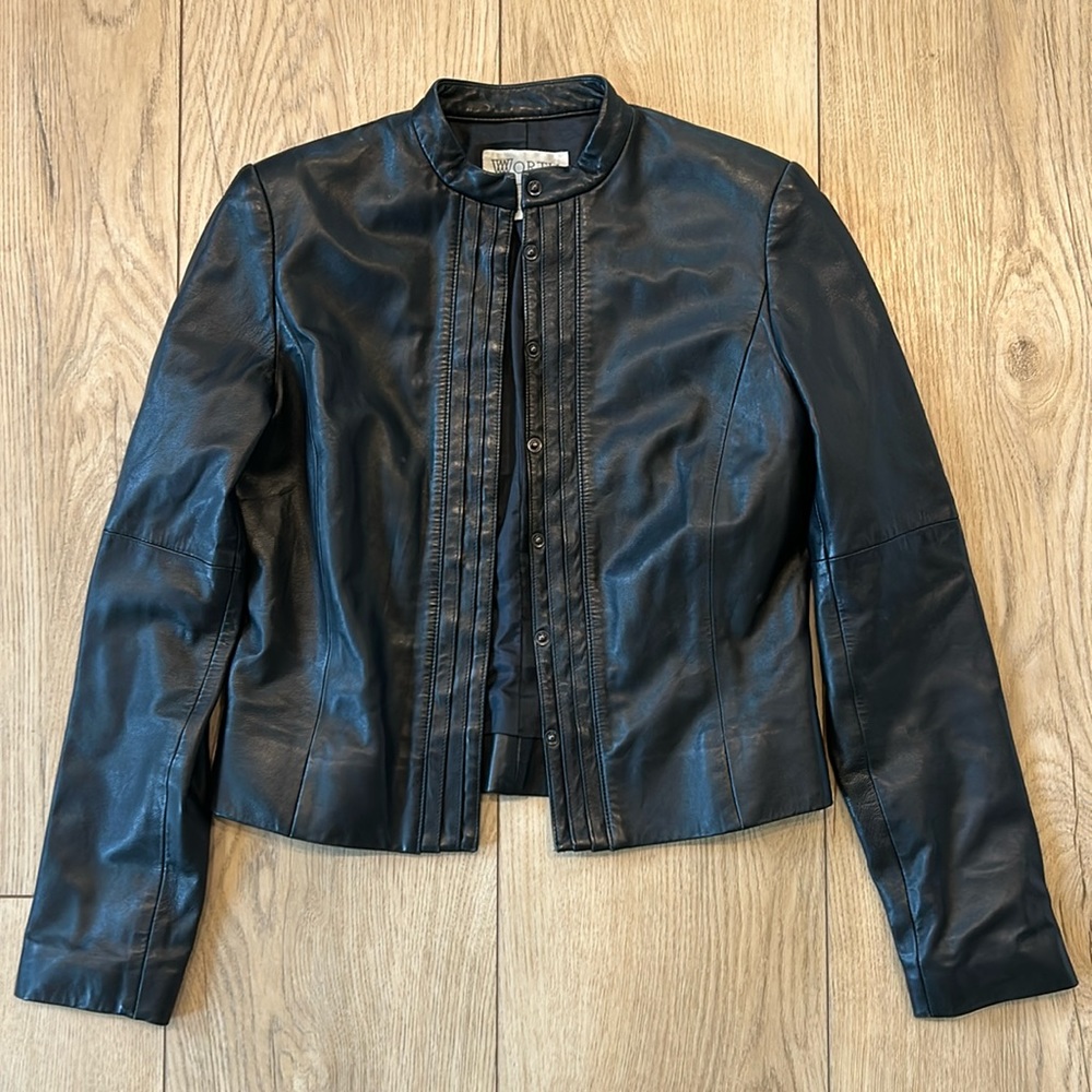 Worth Black Genuine Leather Jacket with Metal Button Opening